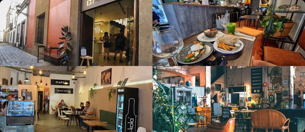 Collage of laptop-friendly cafés in Las Palmas: Cool Beans, LUWAK, Un Lugar Café, Talleres Palermo