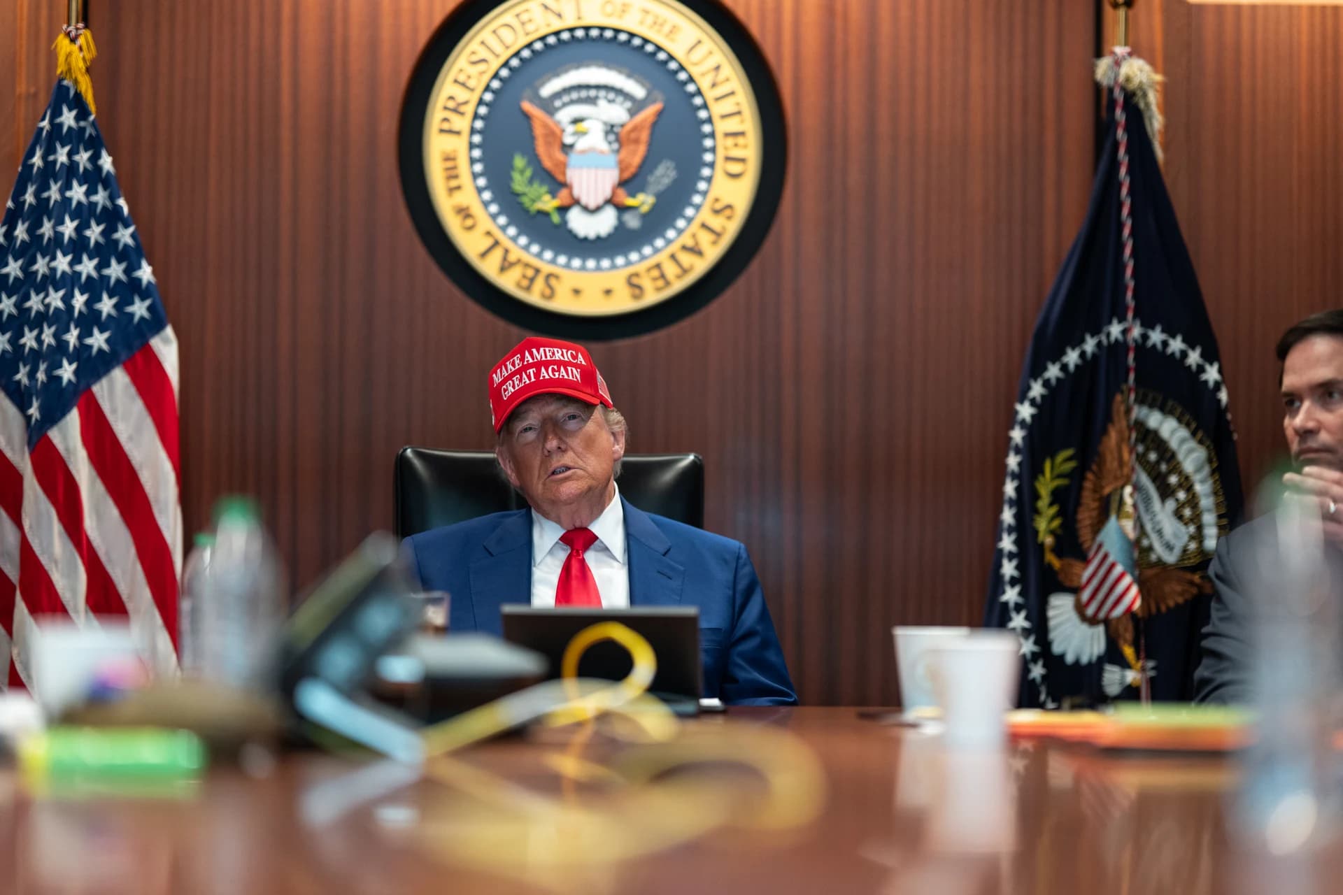 President Donald Trump and his national security team in the White House Situation Room, 21 June 2025. Official White House photo by Daniel Torok (public domain).
