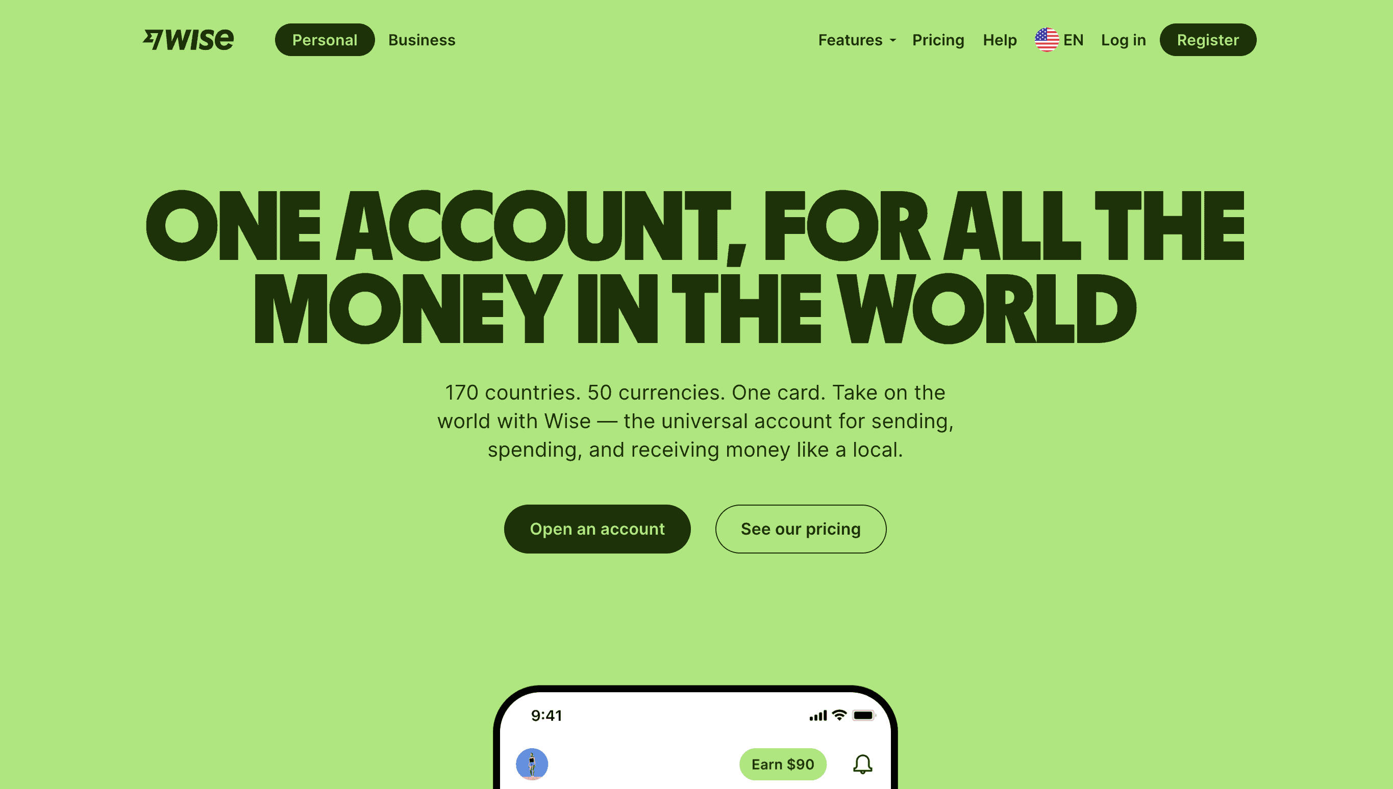 The homepage of Wise, the bank for digital nomads