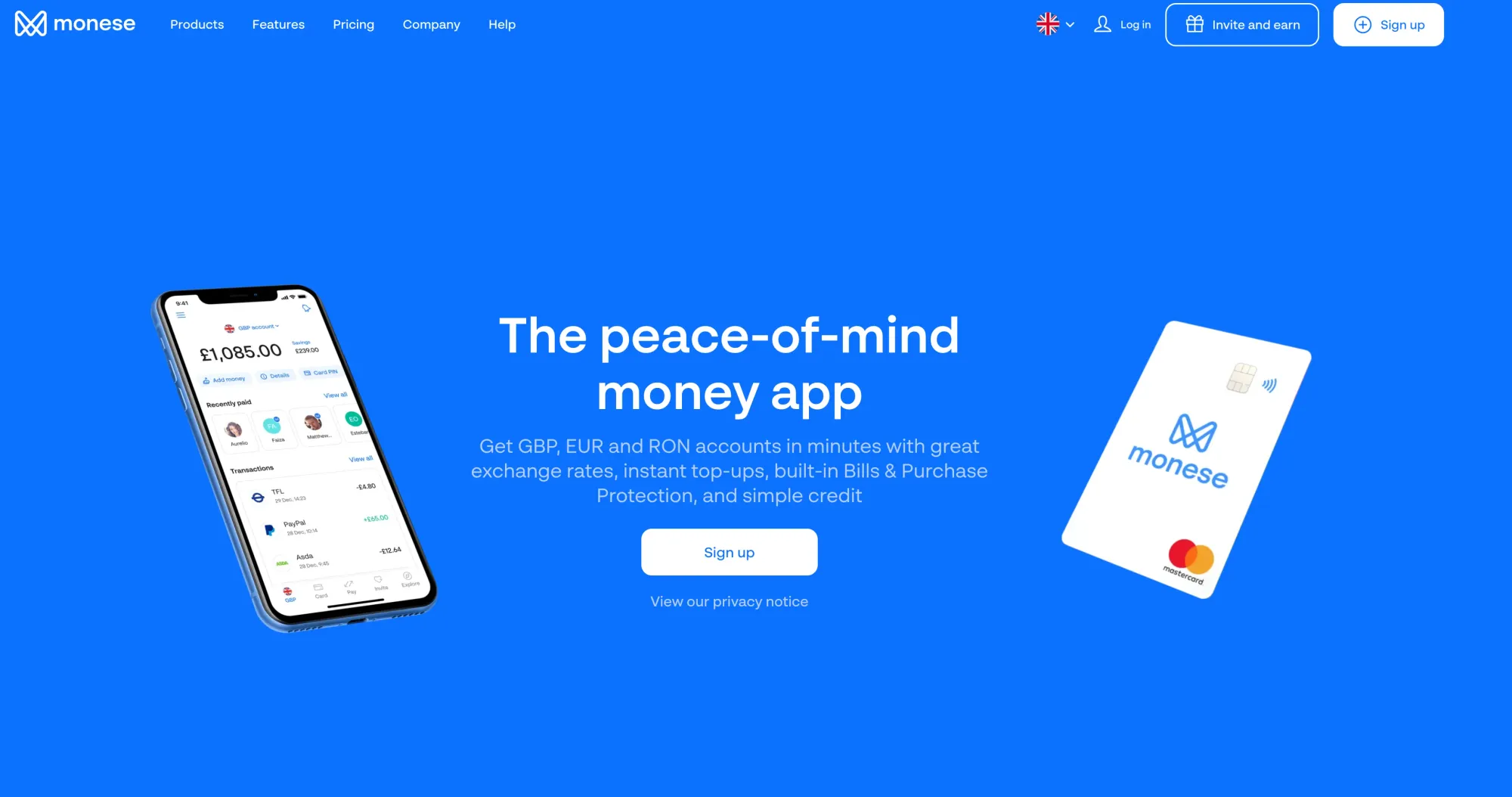 homepage of monese, a bank for EU digital nomads