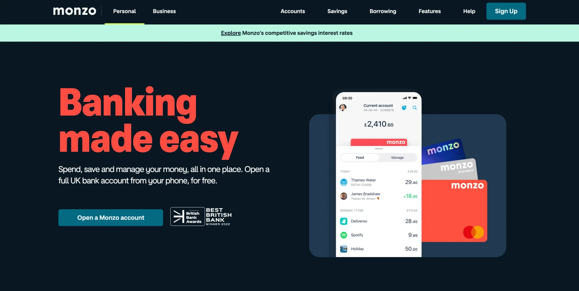 homepage of Monzo, a bank for UK digital nomads