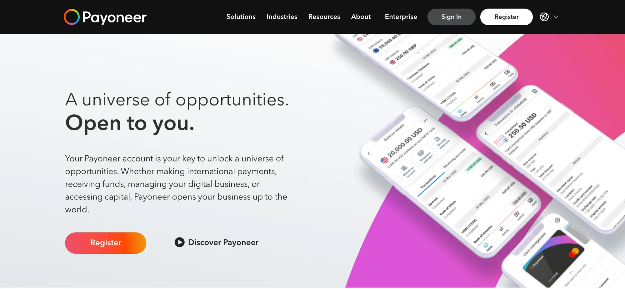 Homepage of payoneer, a bank for digital nomads and freelancers