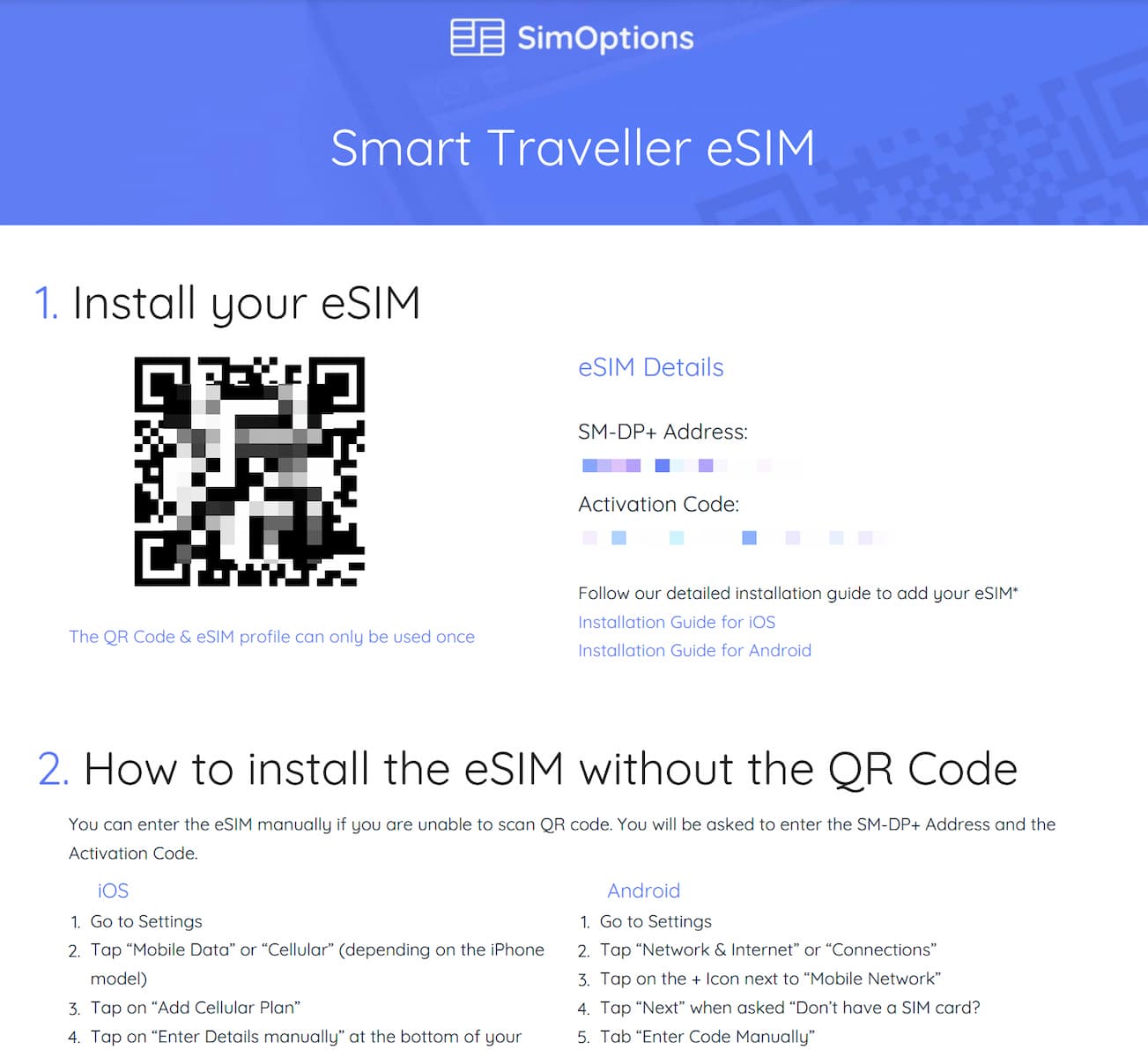 SimOptions eSIM installation instructions: Install your eSIM manually or with QR Code or Install eSIM without QR Code on Android and iOS