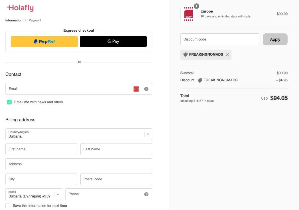 holafly europe eSIM checkout using FREAKINGNOMADS discount code