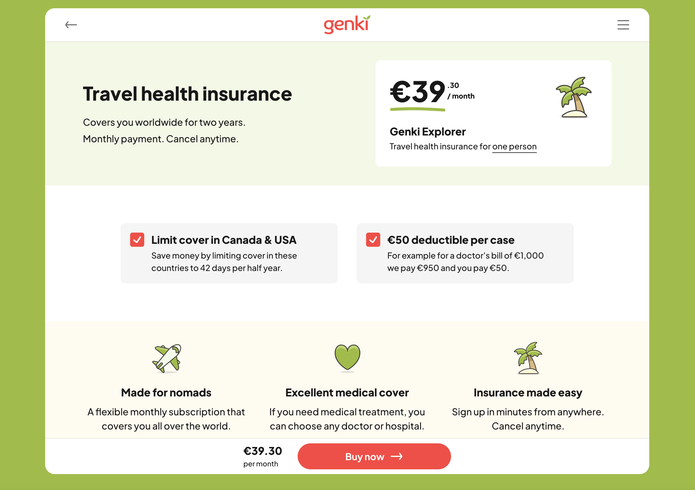 Genki quote step 4: customize your policy with limit cover in Canada and USA and add 50 euros deductible per case