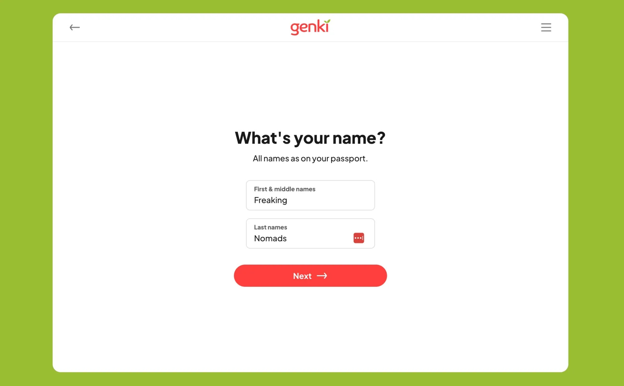 Genki quote step 5: personal information