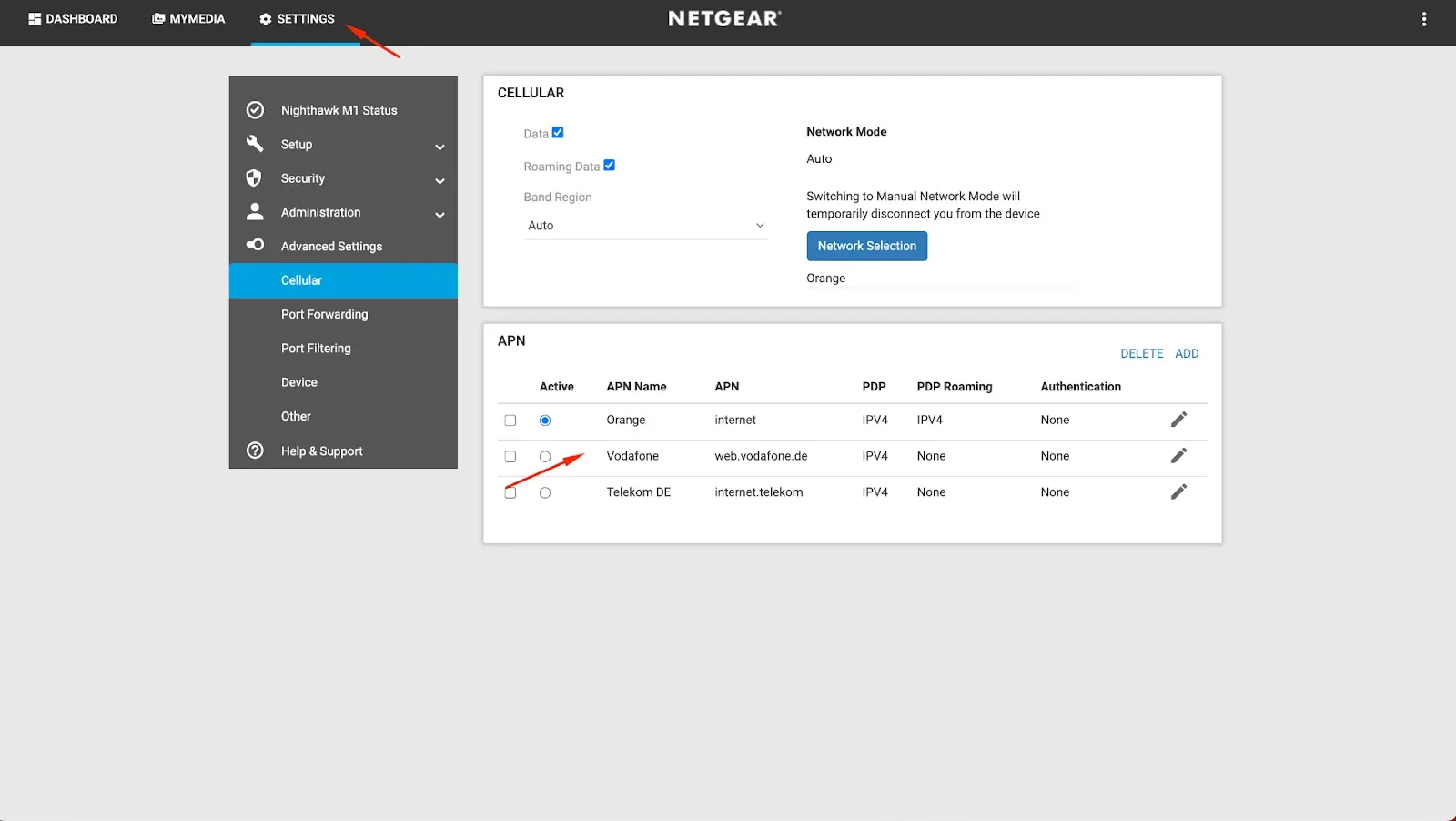 netgear settings in login area