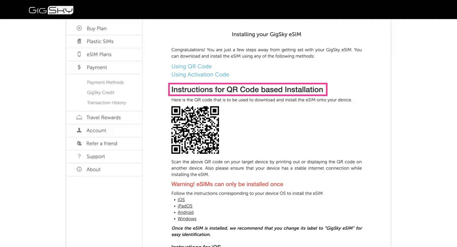 esim installation through qr code scanning