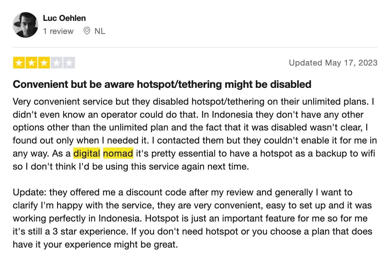 Holafly review by a digital nomad on Trustpilot