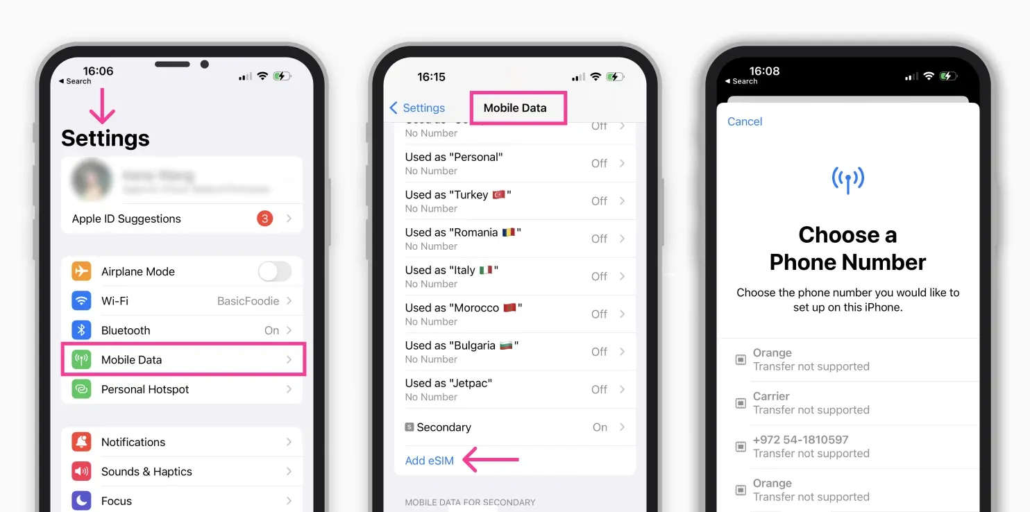 settings to transfer an esim from and to an iphone