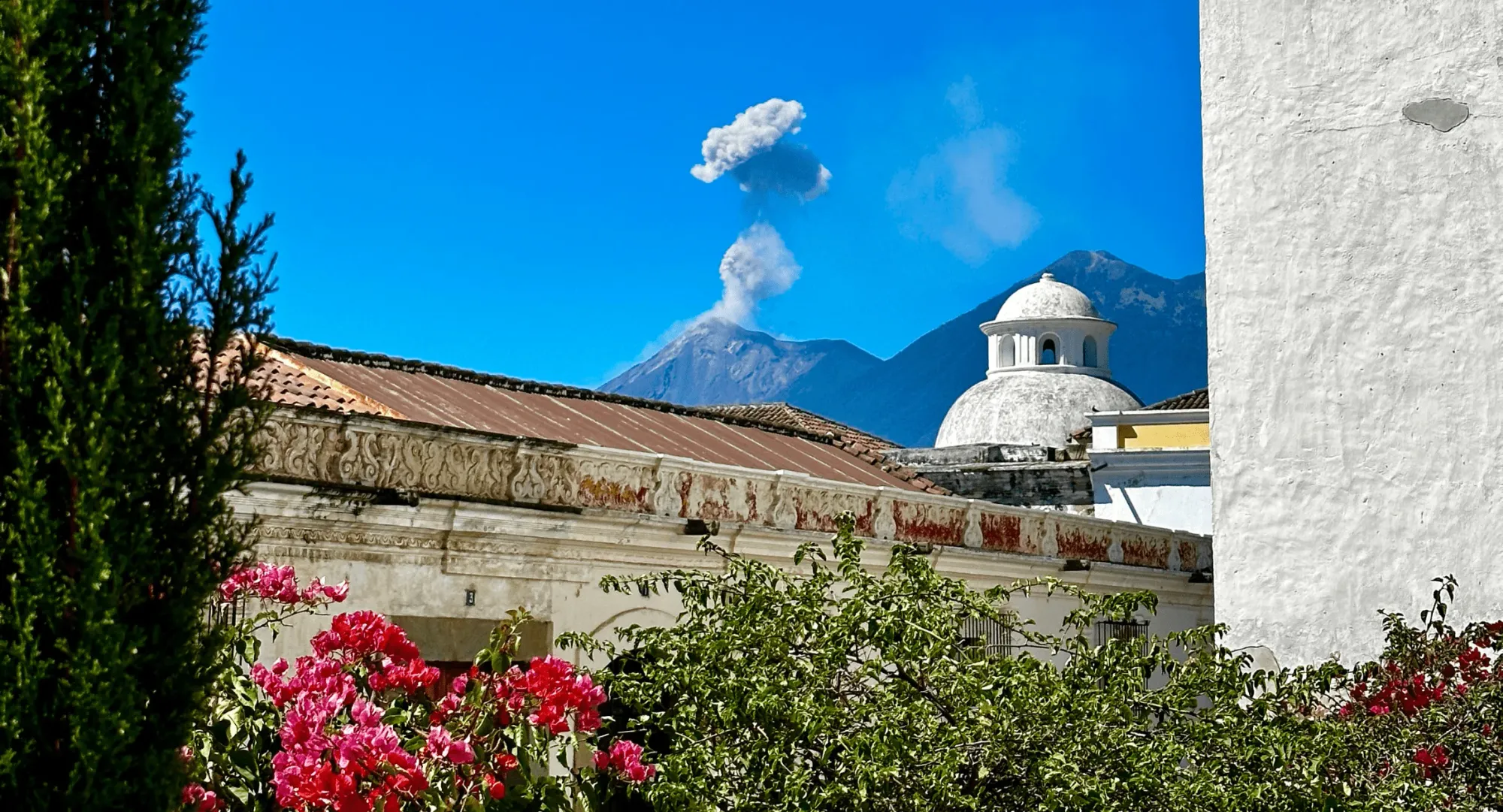 Volcano Fuego towering over Antigua, Guatemala