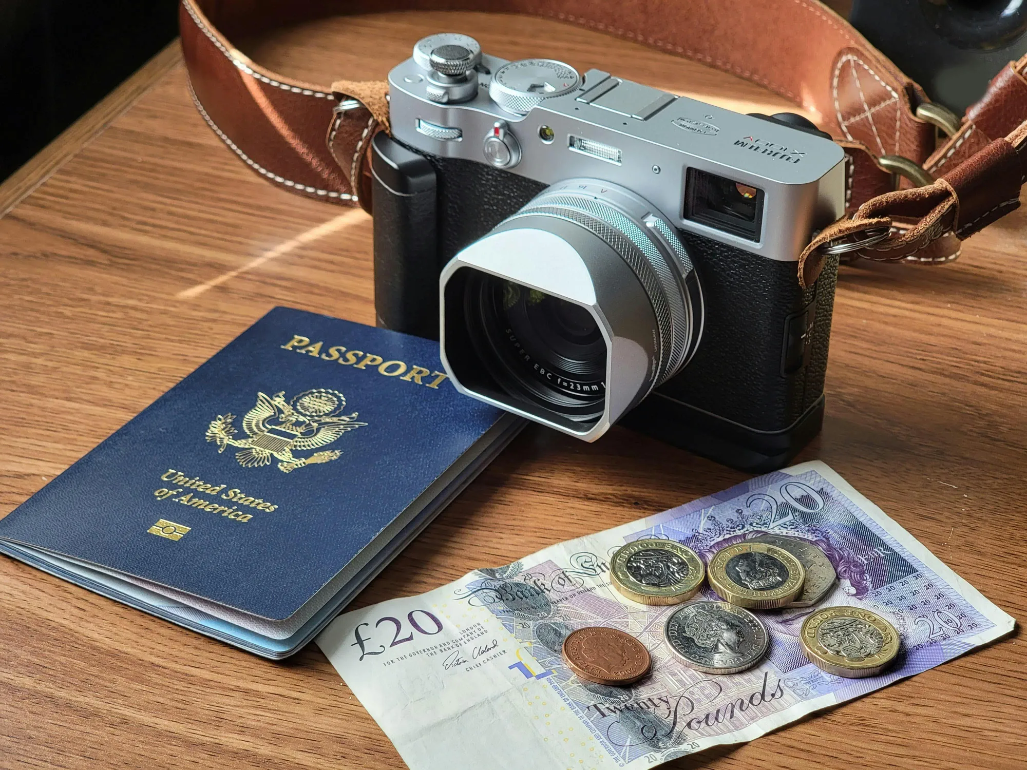 Passport, money, and camera