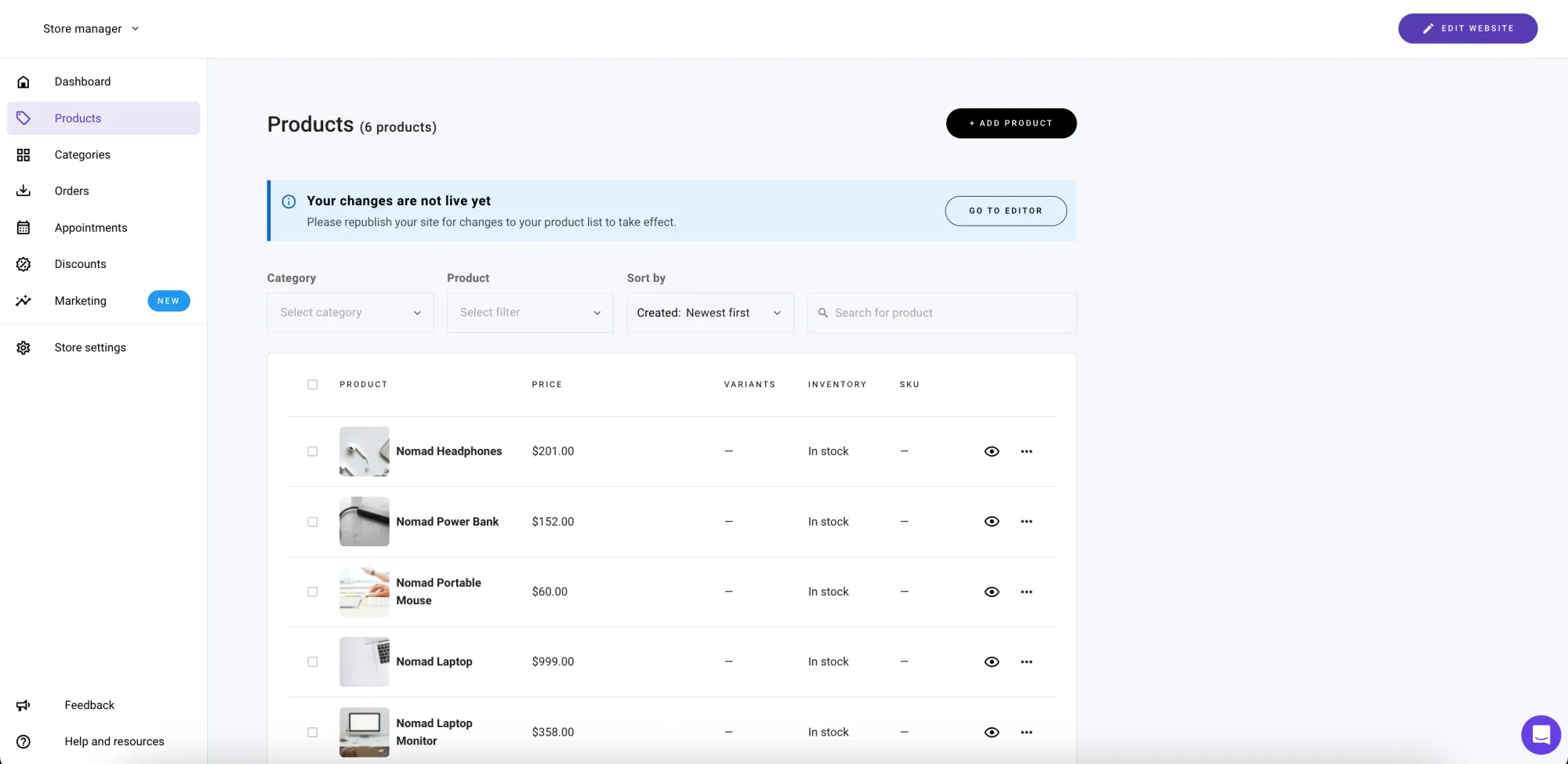 Product Listing Interface within the Hostinger Website Builder dashboard