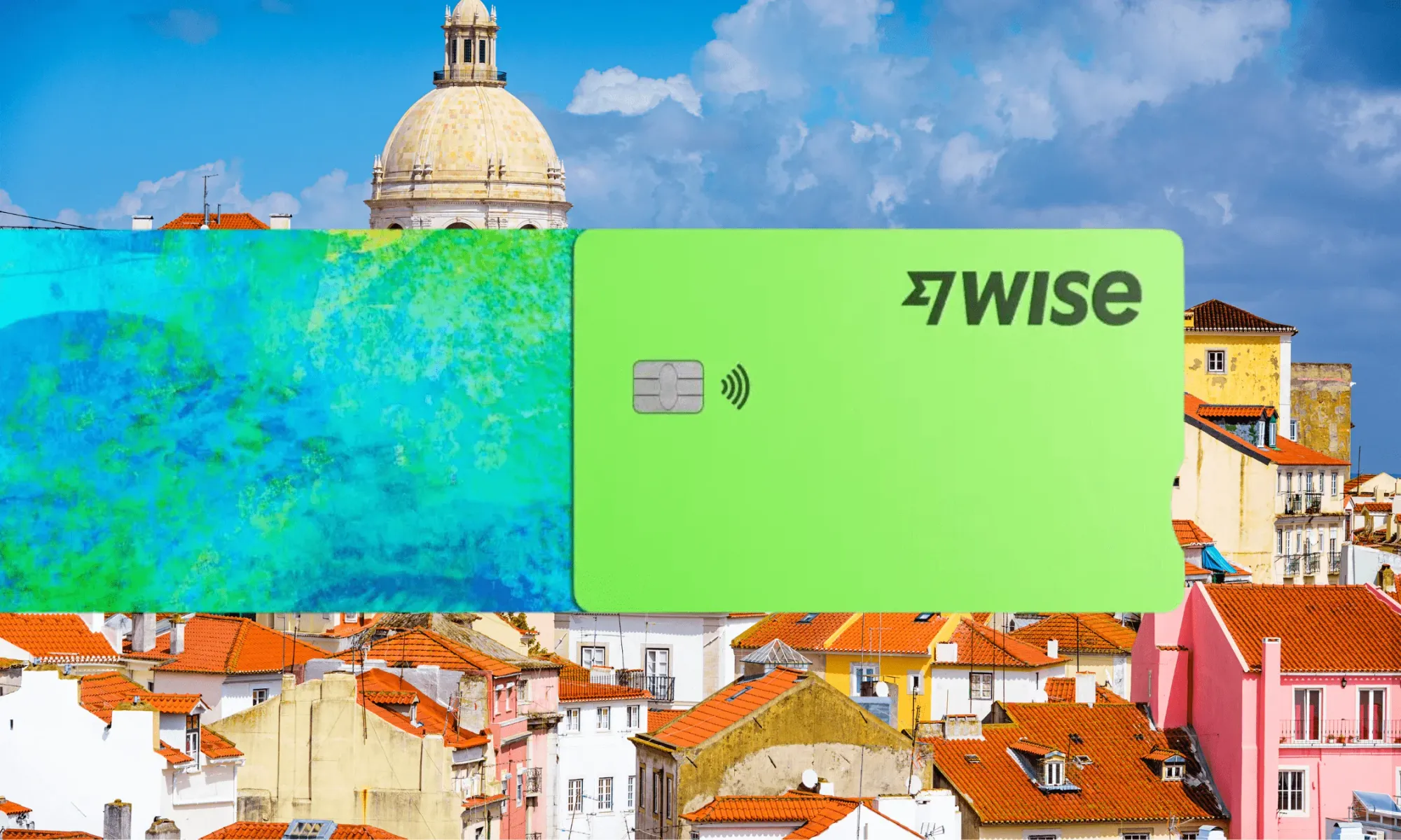 Wise travel debit card with Lisbon in the background