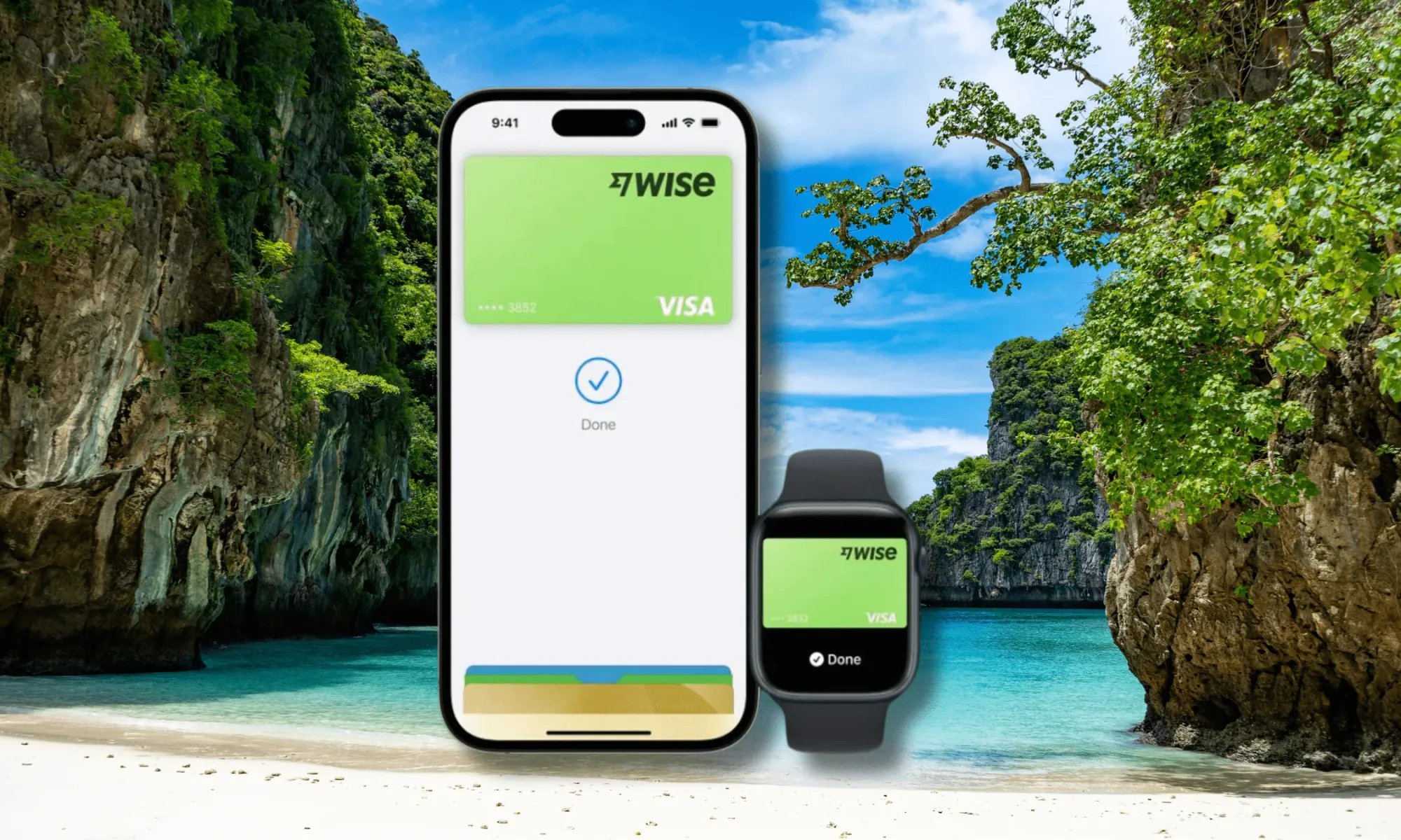 Wise travel debit card in Apple Wallet with Thailand in the background