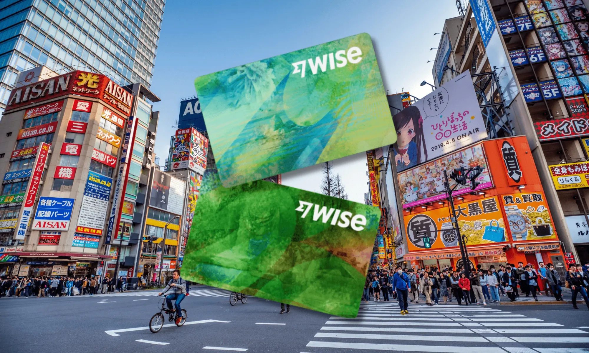 Wise travel debit card with Tokyo in the background