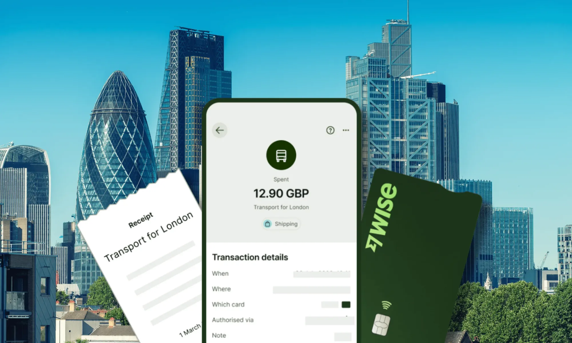 Wise travel debit card, app and receipt with London in the background