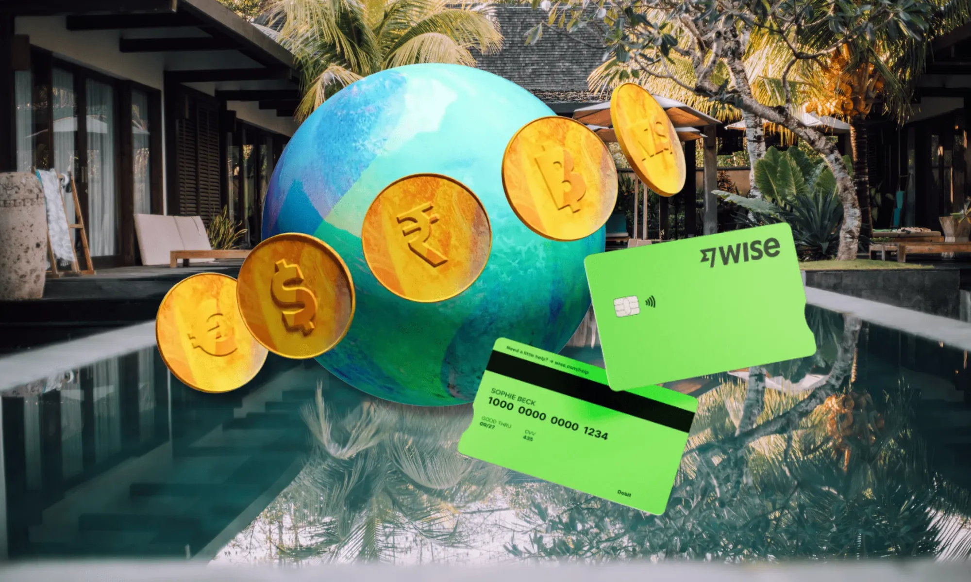 Wise travel debit card with Bali villa in the background