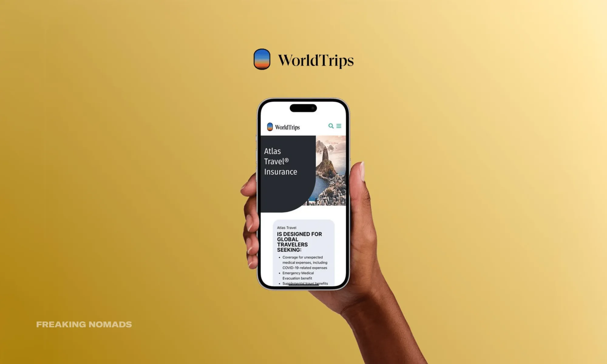 Atlas Travel Insurance website on a phone held by a human hand