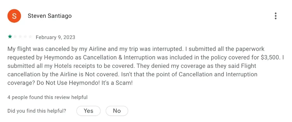 Another Heymondo Travel Insurance negative review on Google Play