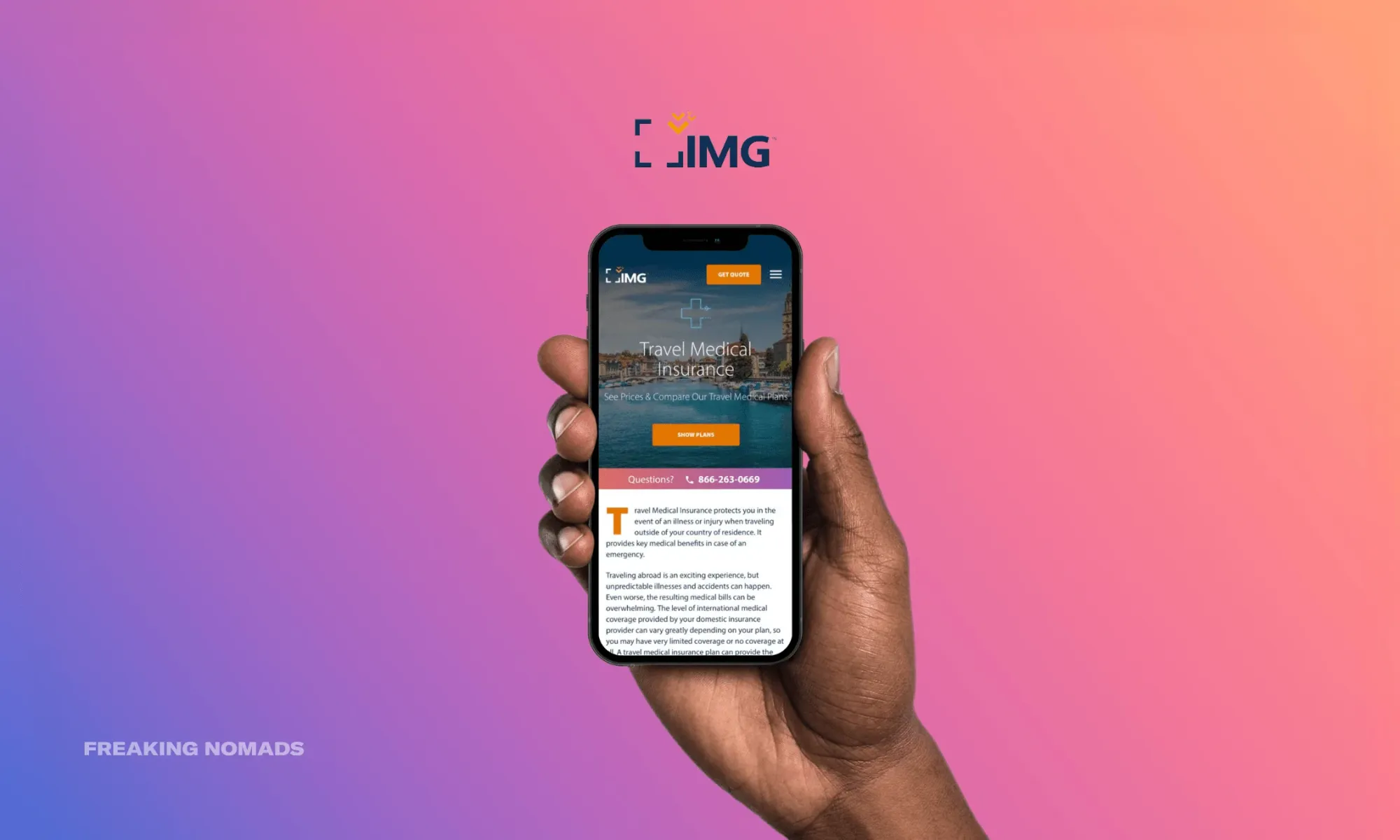 IMG Travel Medical Insurance website on a phone held by a human hand