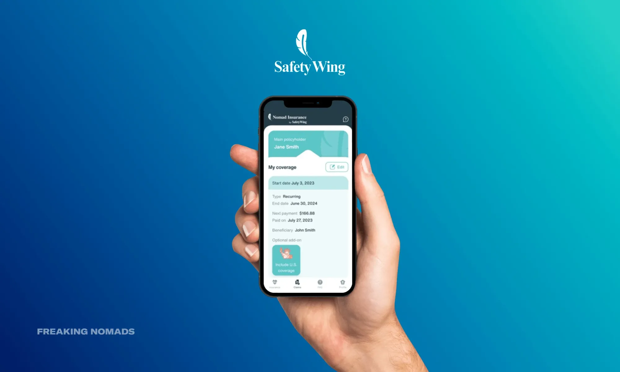 Nomad Insurance by SafetyWing app on a phone held by a human hand