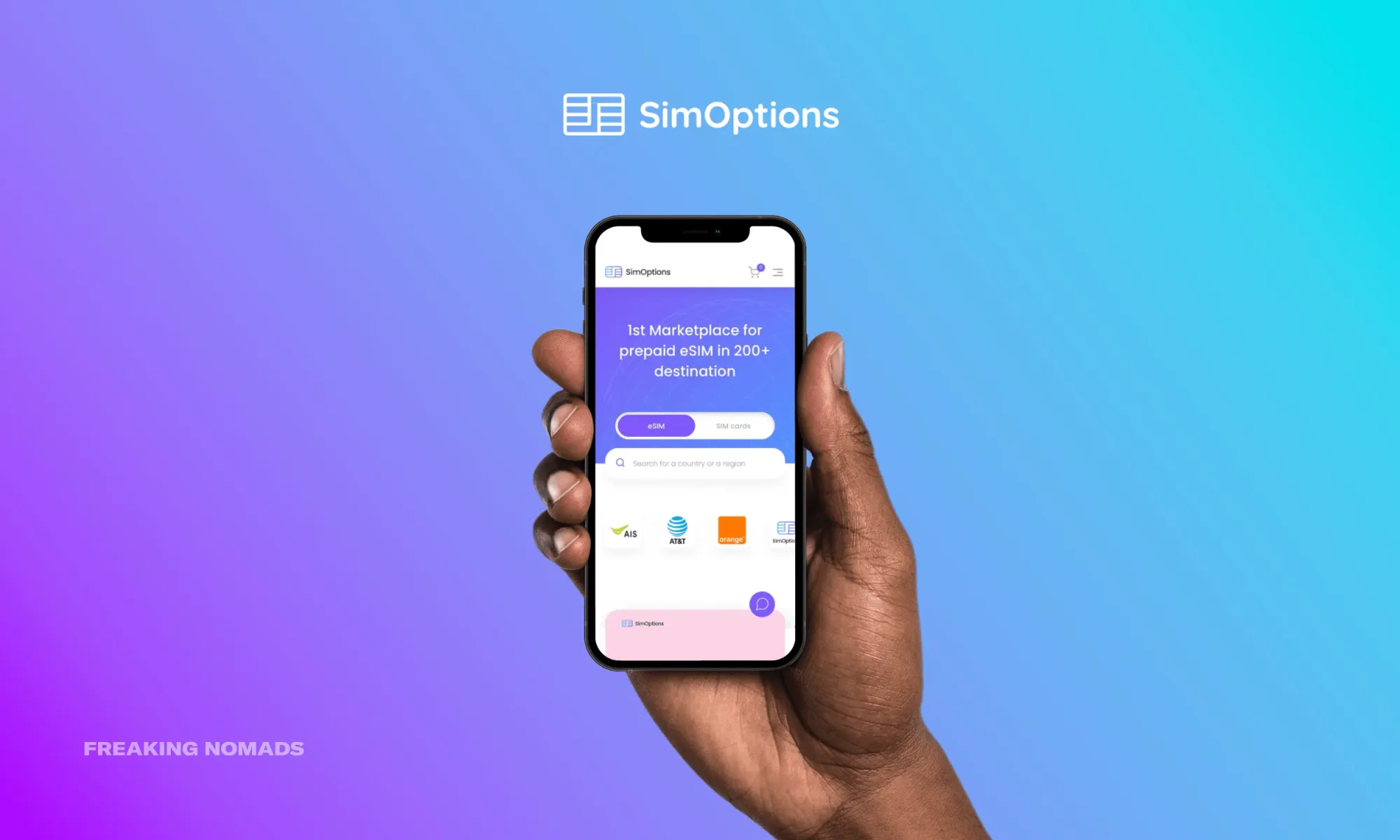 SimOptions eSIM app on an iPhone held by a human hand