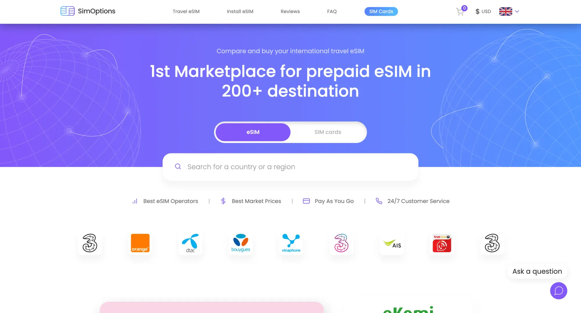 SimOptions eSIM Homepage
