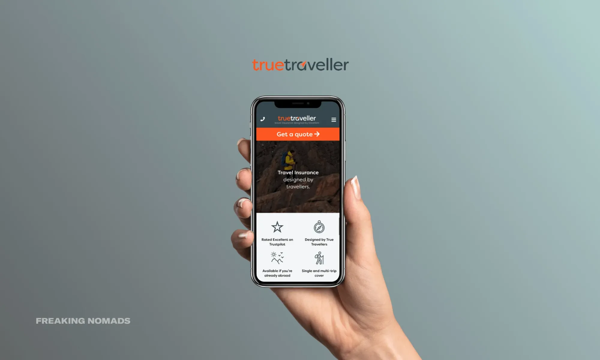 True Traveller Travel Insurance website on a phone held by a human hand