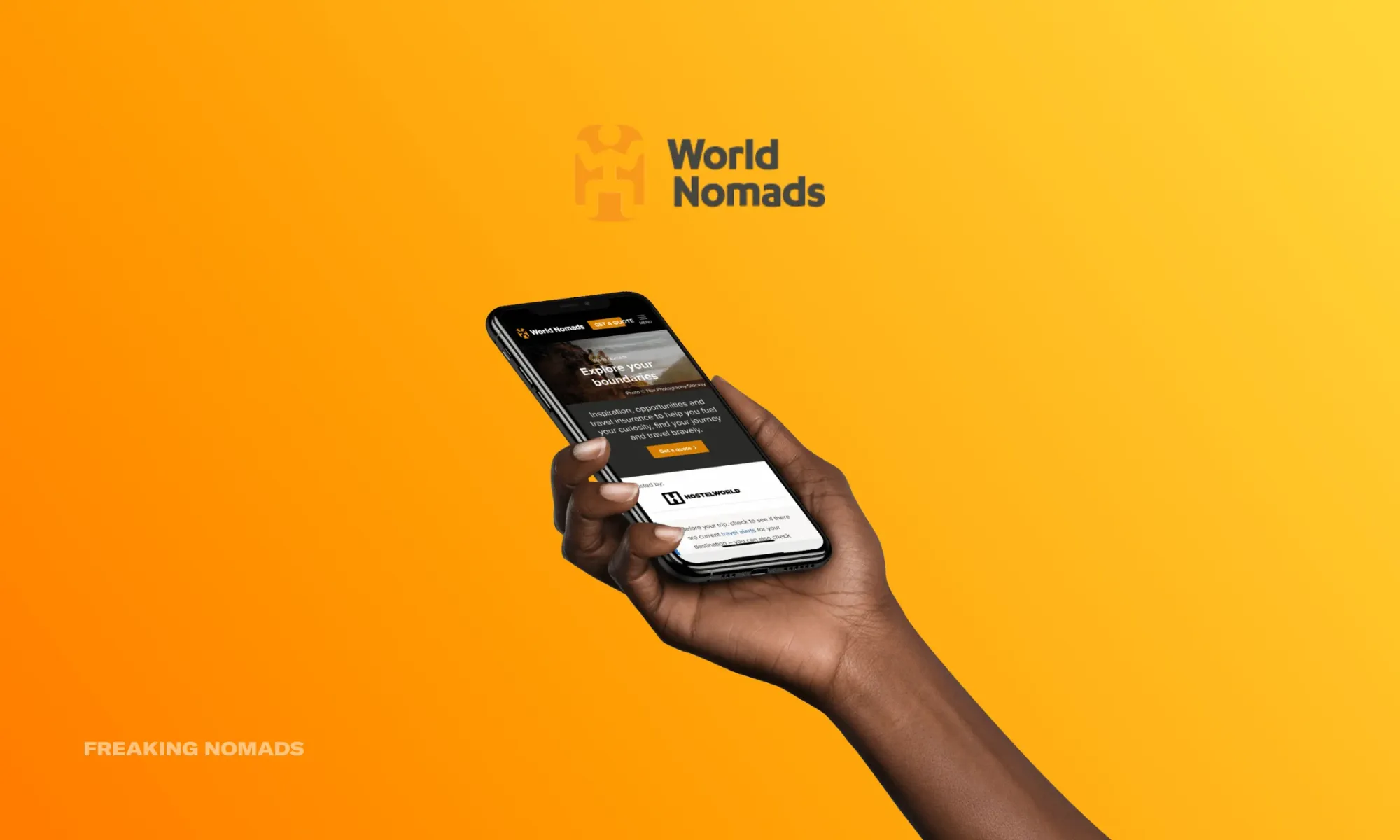 World Nomads Travel Insurance website on a phone held by a human hand