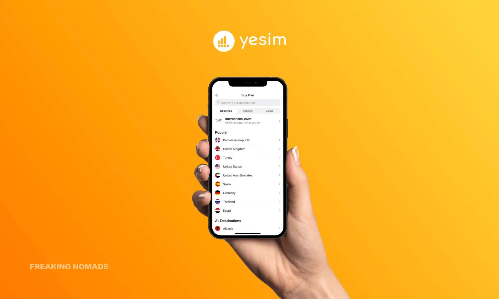 Yesim eSIM app on an iPhone held by a human hand