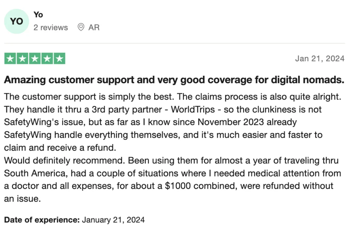 Another positive Trustpilot review of SafetyWing Insurance