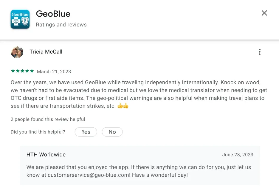 GeoBlue International Health Insurance positive Apple Store review