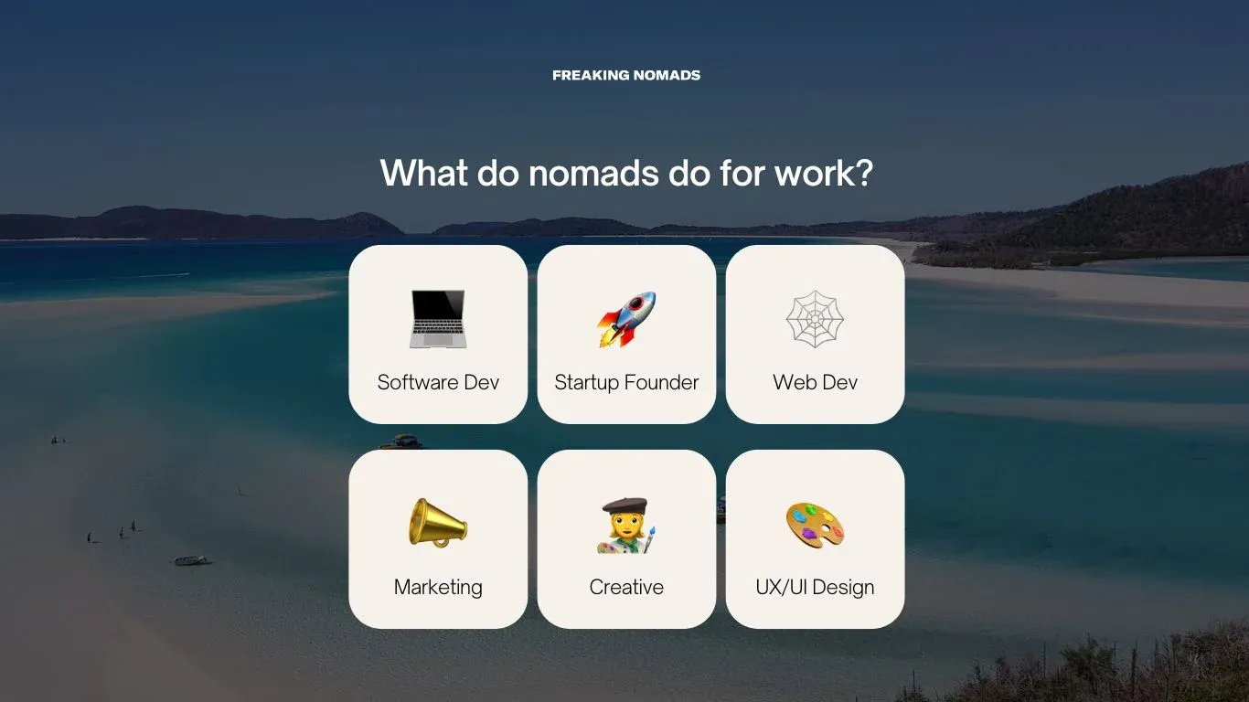 what do digital nomads do for work? Software developers, startup founders, web developers, marketing professionals, creatives and UX/UI designers