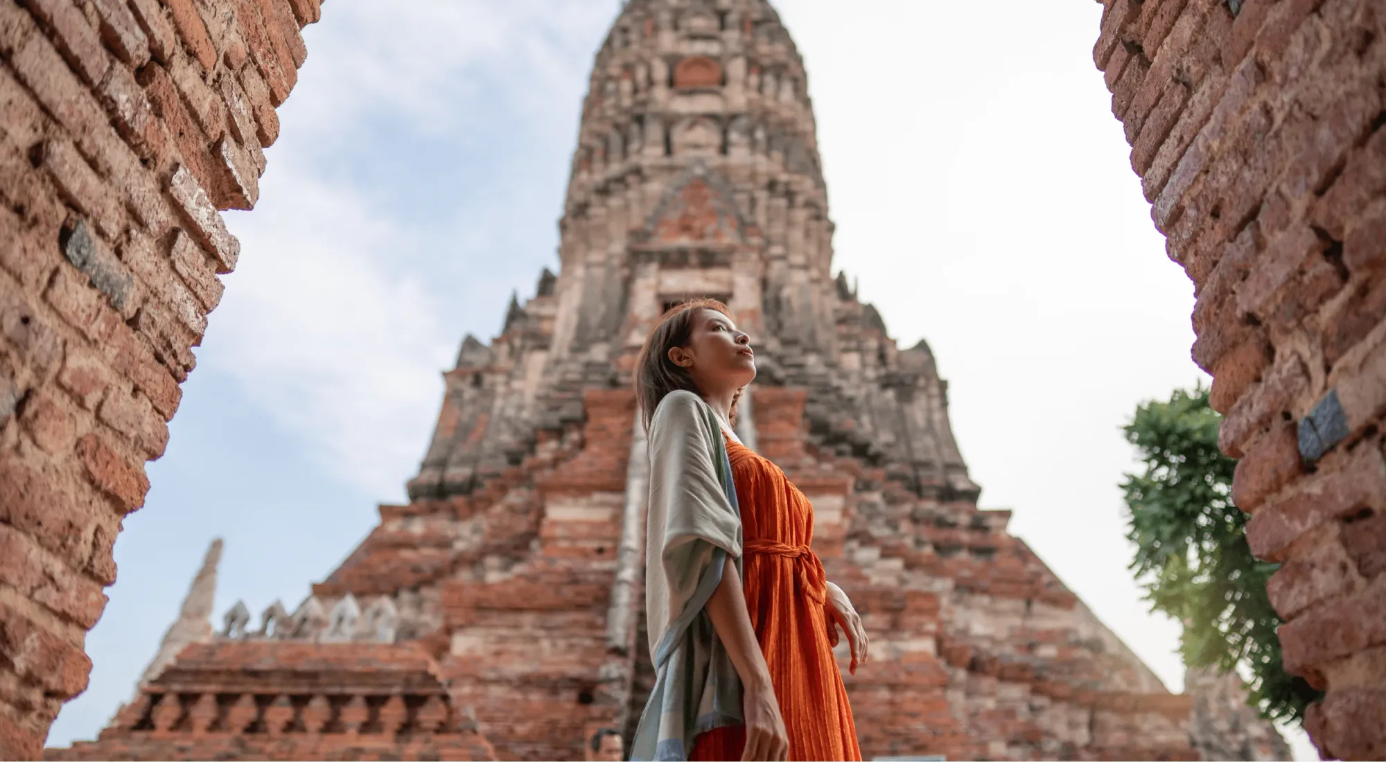 Traveler at archeological site in Siem Reap, Cambodia