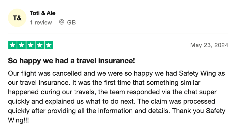 SafetyWing Insurance positive Trustpilot review