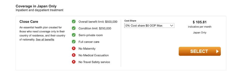 Cigna Japan-only coverage options and monthly prices