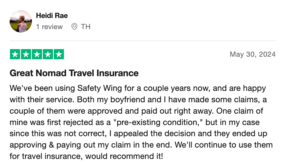 SafetyWing Insurance positive Trustpilot review