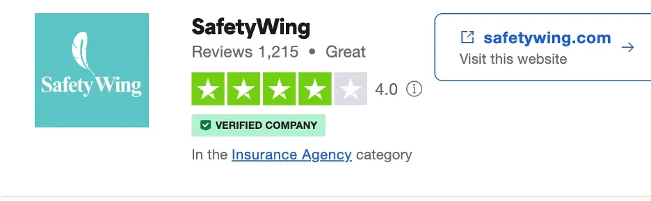 SafetyWing Insurance Trustpilot rating