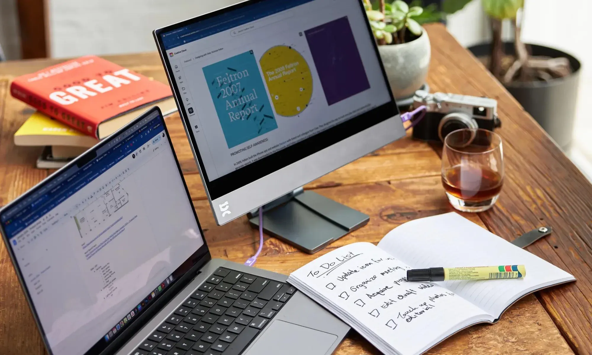 a second screen, a laptop and a notebook with a pencil