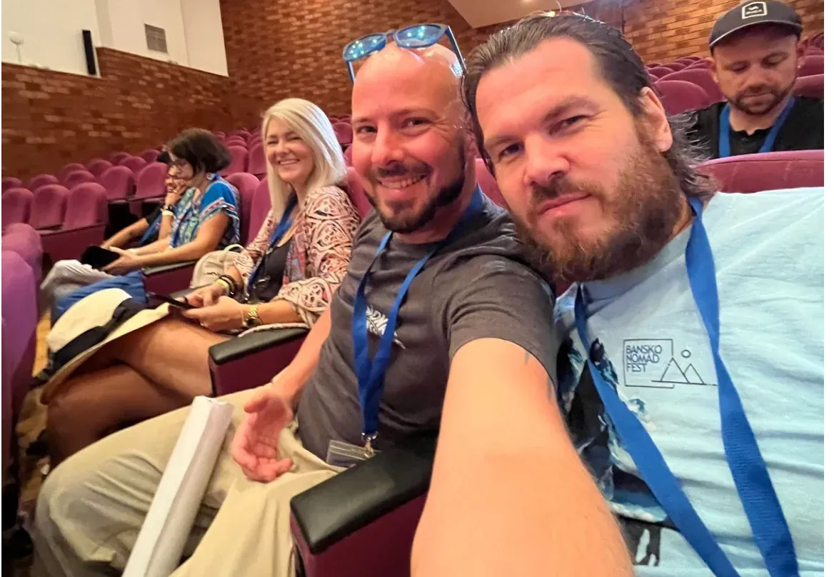 Philipp, Co-Owner of the Bansko Nomad Fest (right) with Christoph and Kai of the Nomad Summit at the Athens Nomad Fest