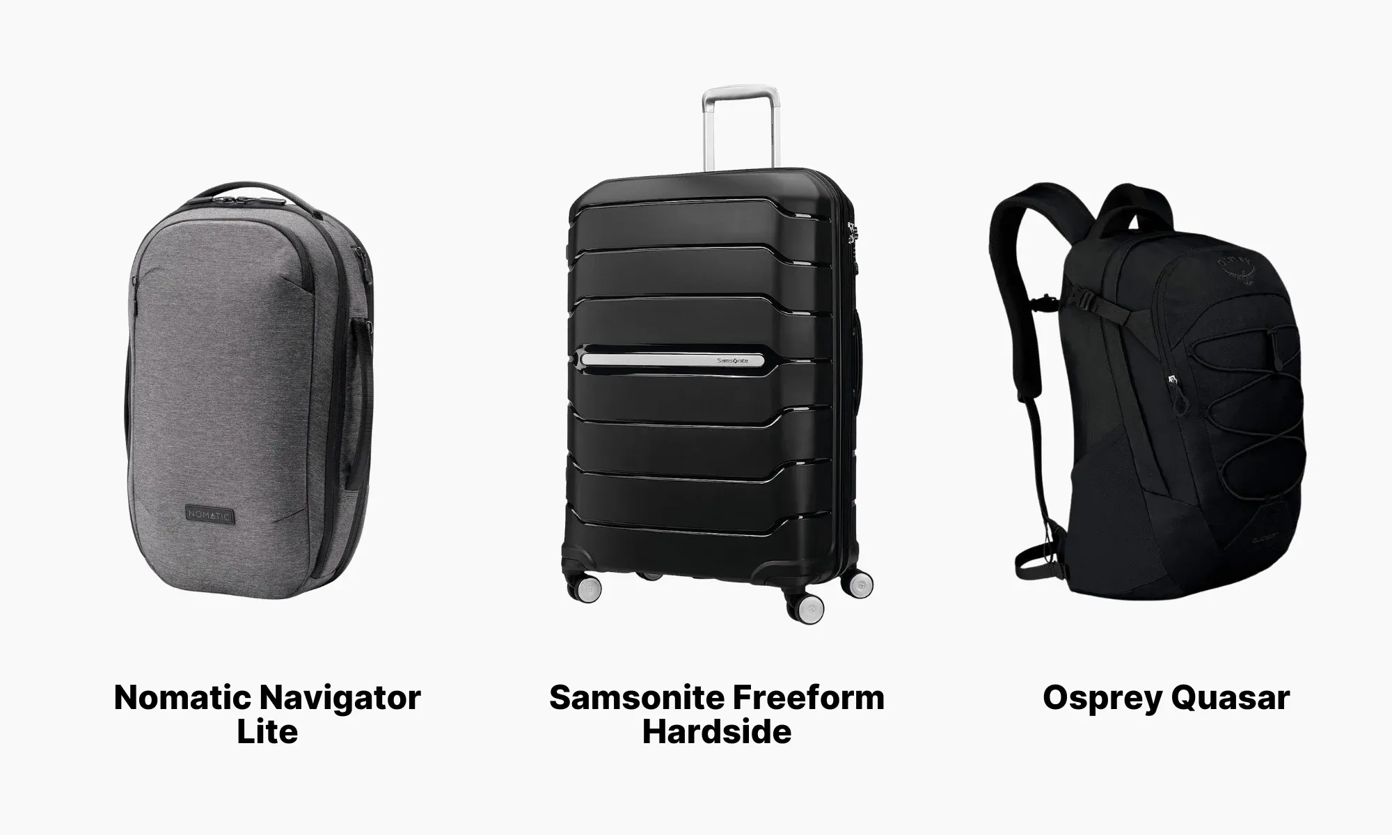 Nomatic Navigator Lite 15L, Samsonite Freeform Hardside, and Osprey Quasar