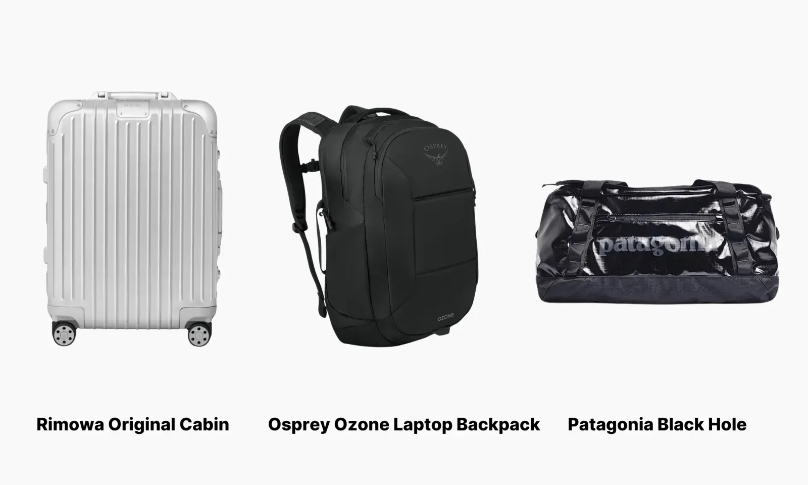 Rimowa Original Cabin, Osprey Ozone Laptop Backpack, and Patagonia Black Hole