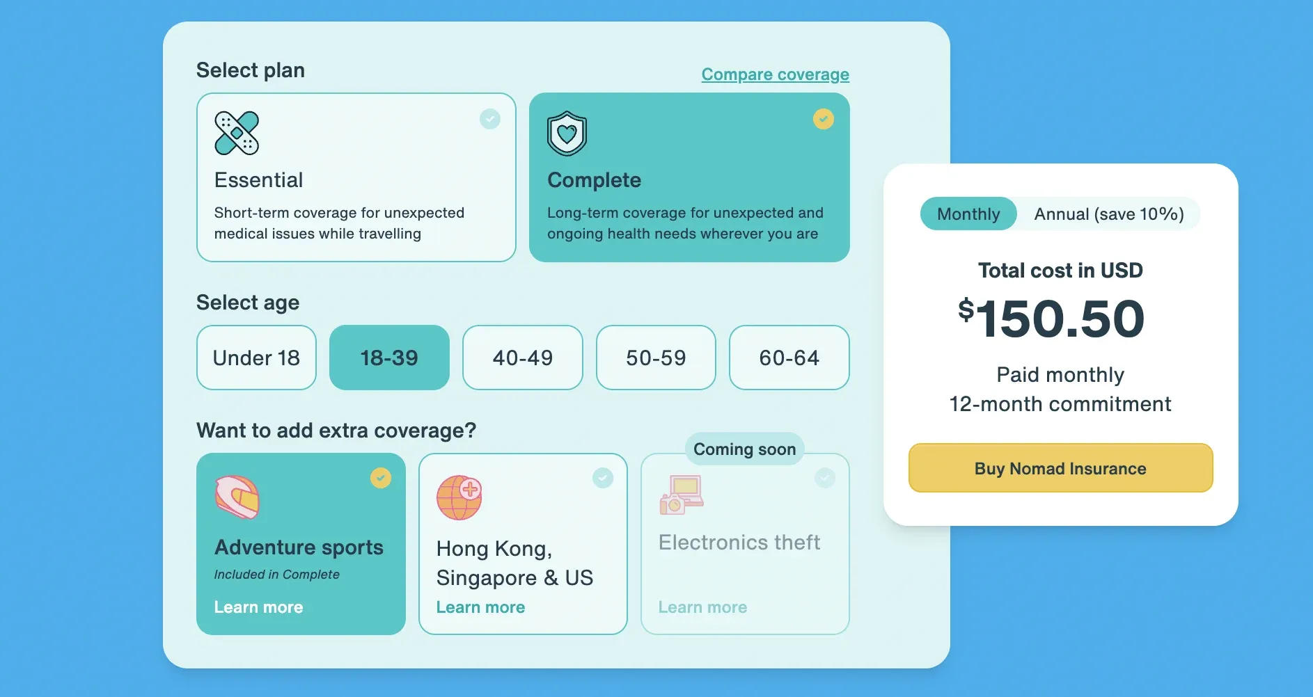 Nomad Insurance Complete Plan Options (18-39 years Old Applicant)