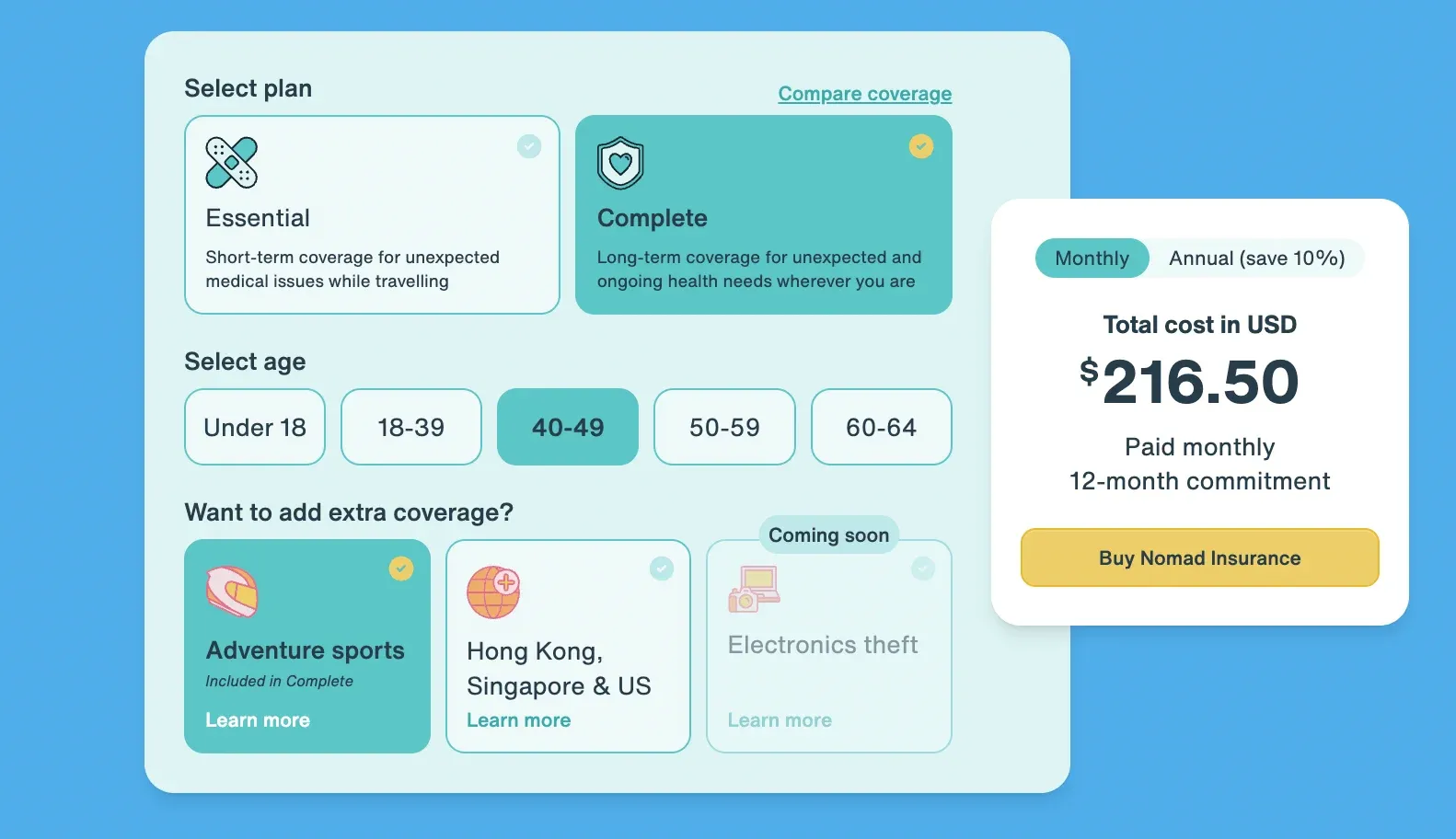 Nomad Insurance Complete Plan Options (40-49 years Old Applicant)