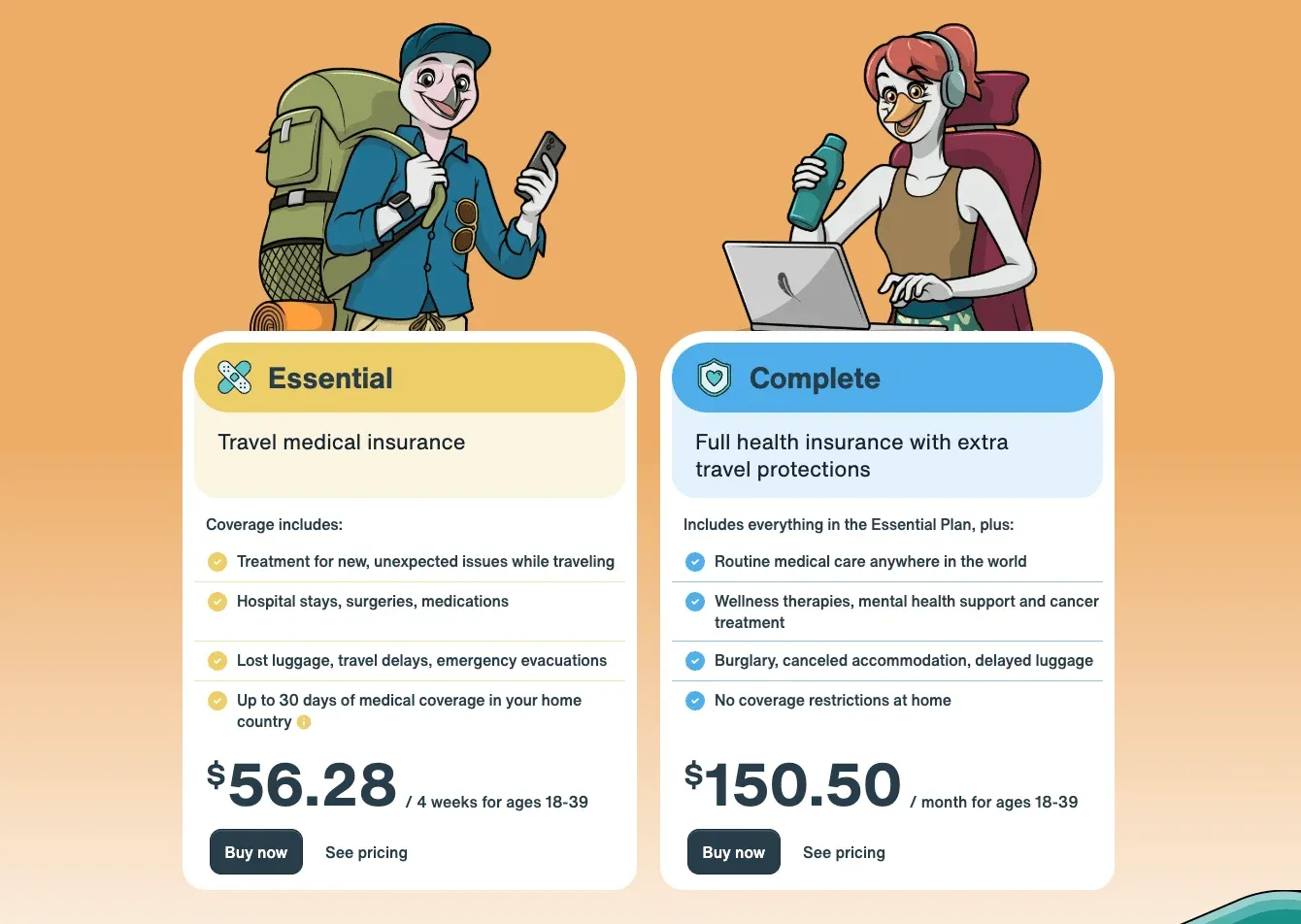 A table with the two SafetyWing Nomad Insurance options, Essential and Complete, along with its pricing