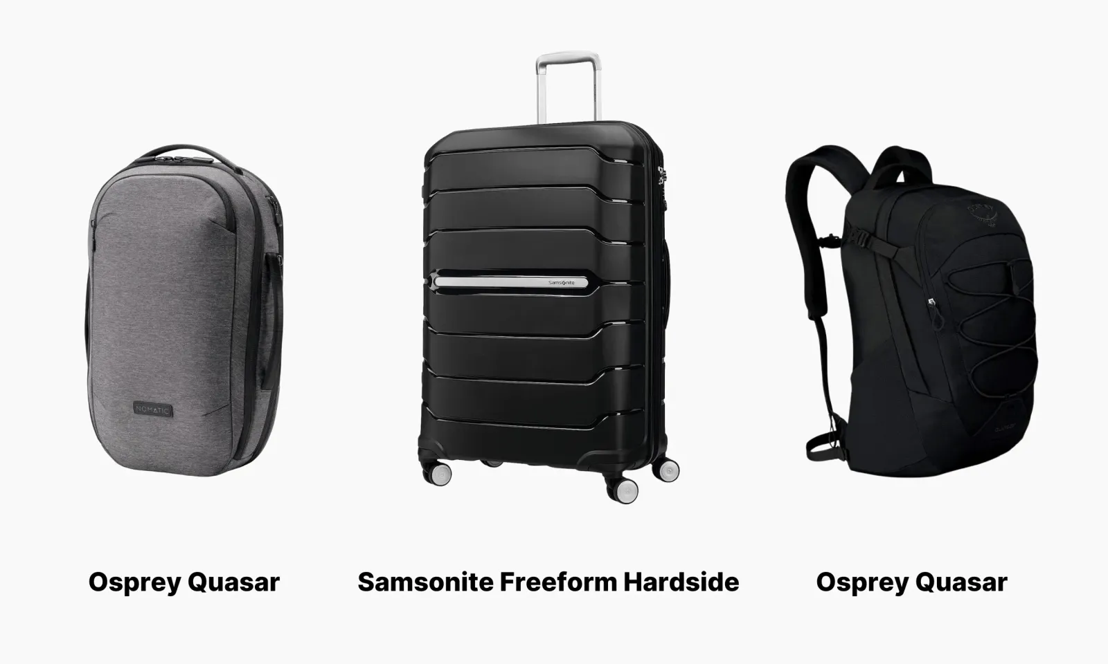 Nomatic Navigator Lite 15L, Samsonite Freeform Hardside, Osprey Quasar