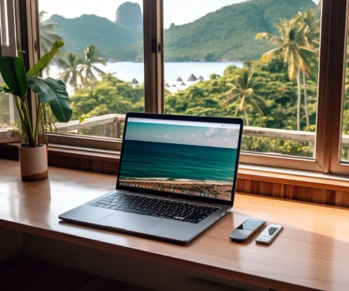 A slim travel laptop of a digital nomad in a techy setup with a view of Koh Phangan in Thailand 