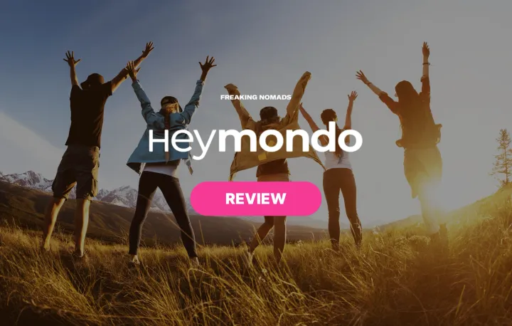 Group of happy travelers in a field with Heymondo Travel Insurance logo and review title in the foreground