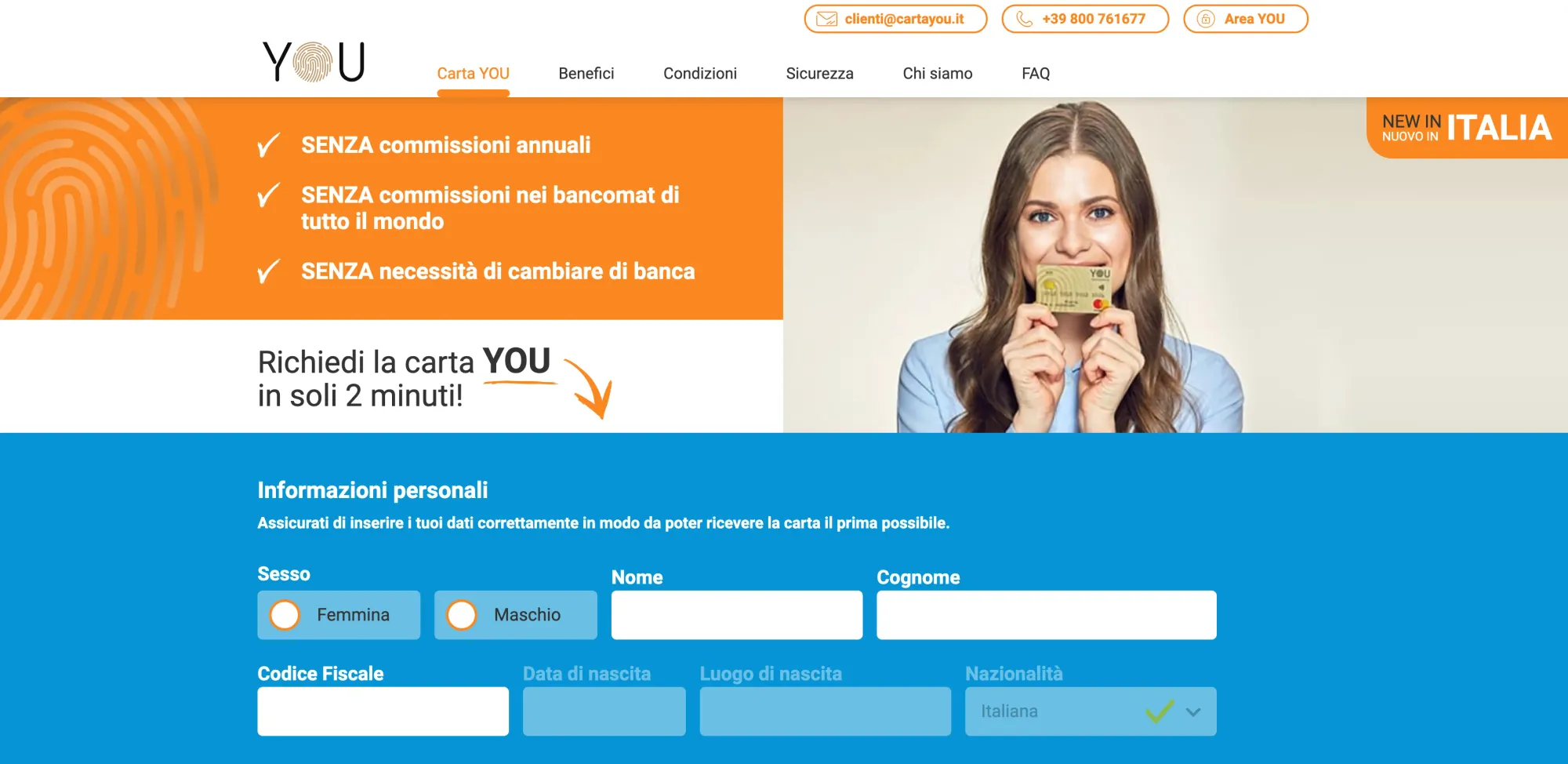 homepage di Carta You, banca per viaggiatori italiani